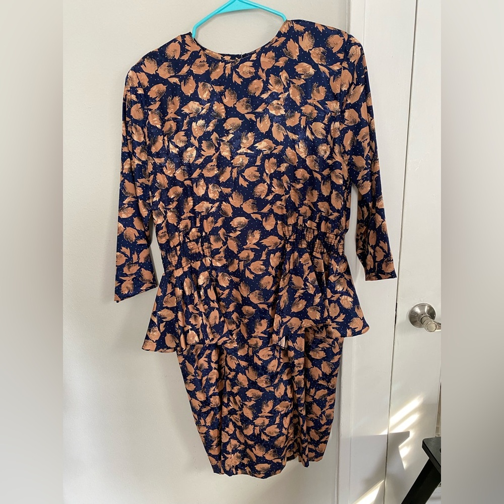 Elegant Vintage Navy and Gold Leaf Print Peplum Dress